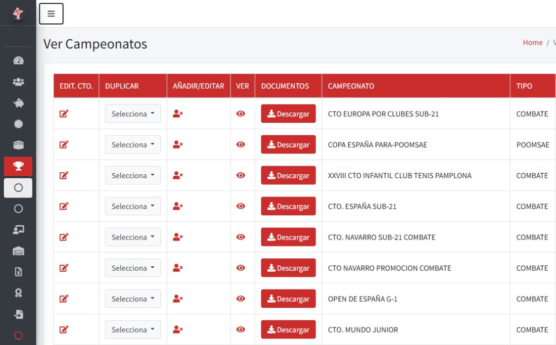 Pantalla interna de gestión con el listado de campeonatos, su modalidad y la documentación asociada