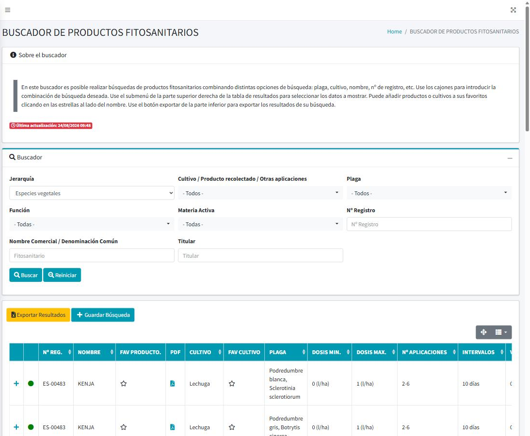 Pantalla de búsqueda de Fitovademecum con filtros por cultivo, plaga y materia activa y una lista de resultados de productos