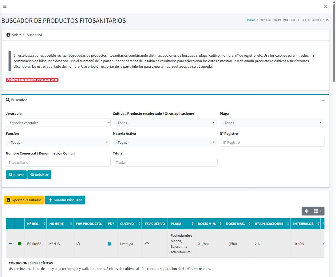 Fila de resultados de búsqueda expandida con las condiciones específicas de uso del producto