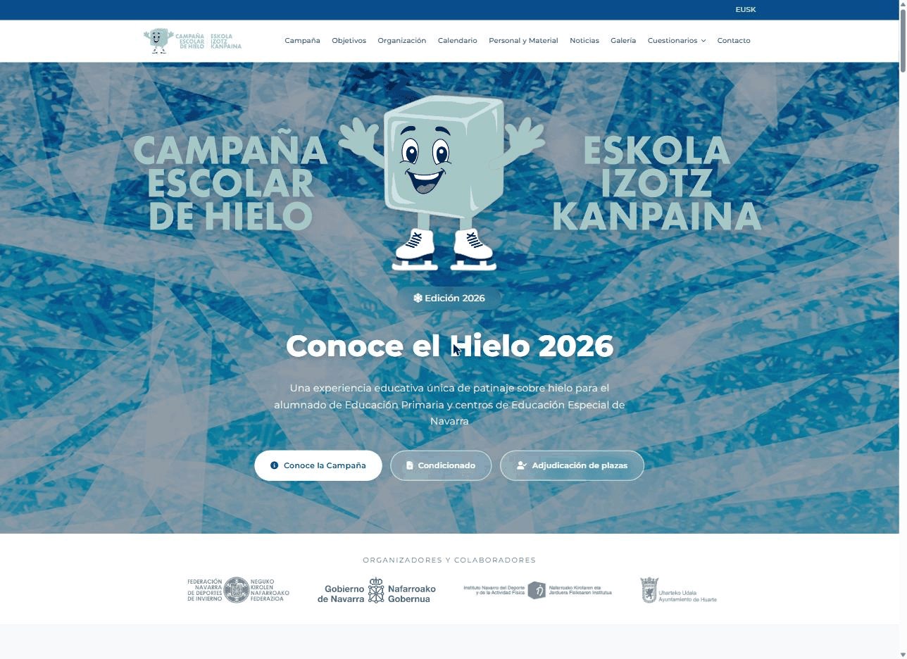 Portada de la campaña escolar de hielo de la FNDI, con la presentación, la mascota Kubi y los organizadores